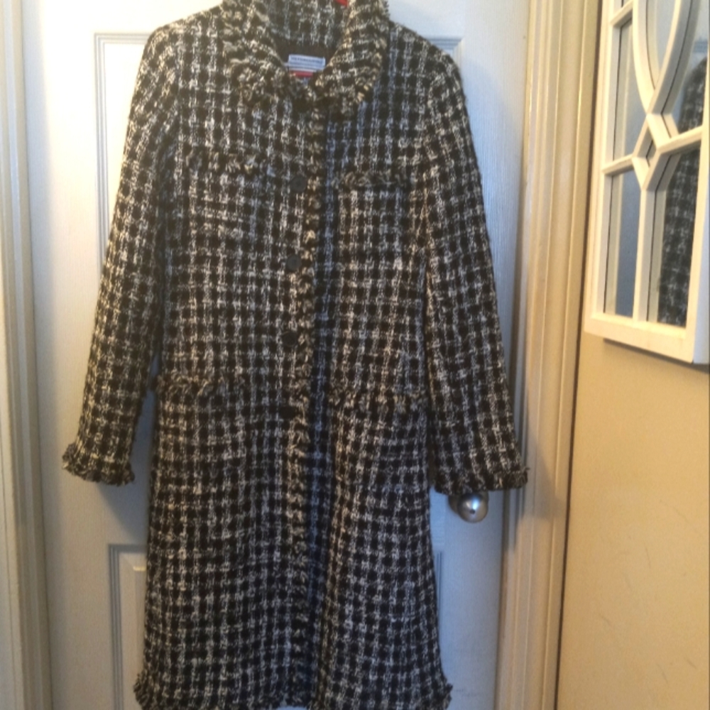 Marvin Richard Boucle Houndstooth Long Coat Size M Black and White